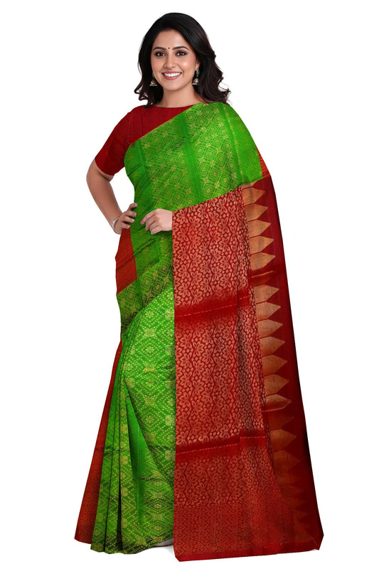 Green Body Maroon Border Soft Silk - RC11SSGRRE8